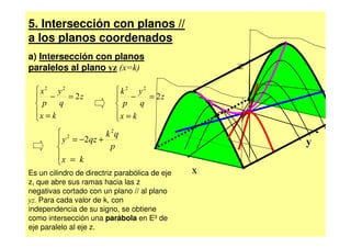 5. Intersección con planos //
a los planos coordenados
a) Intersección con planos
paralelos al plano yz (x=k)                         z

   x2 y2                  k 2 y2
   −     = 2z              −     = 2z
  p q                     p q
  x = k                   x = k
                          
         2          k 2q
         y = −2qz +                                    y
                      p
        x = k
        
Es un cilindro de directriz parabólica de eje   x
z, que abre sus ramas hacia las z
negativas cortado con un plano // al plano
yz. Para cada valor de k, con
independencia de su signo, se obtiene
como intersección una parábola en E3 de
eje paralelo al eje z.
 