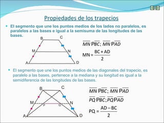 El segmento que une los puntos medios de los lados no paralelos, es paralelos a las bases e igual a la semisuma de las longitudes de las bases. Propiedades de los trapecios El segmento que une los puntos medios de las diagonales del trapecio, es paralelo a las bases, pertenece a la mediana y su longitud es igual a la semidiferencia de las longitudes de las bases . 