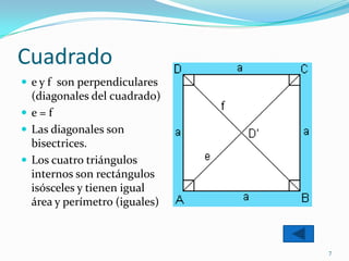Cuadrado
 e y f son perpendiculares
  (diagonales del cuadrado)
 e=f
 Las diagonales son
  bisectrices.
 Los cuatro triángulos
  internos son rectángulos
  isósceles y tienen igual
  área y perímetro (iguales)



                               7
 
