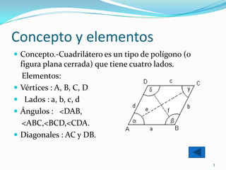 Concepto y elementos
 Concepto.-Cuadrilátero es un tipo de polígono (o
    figura plana cerrada) que tiene cuatro lados.
                 .

     Elementos:
   Vértices : A, B, C, D
     Lados : a, b, c, d
   Ángulos : <DAB,
     <ABC,<BCD,<CDA.
   Diagonales : AC y DB.


                                                     3
 