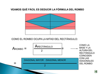 VEAMOS QUÉ FÁCIL ES DEDUCIR LA FÓRMULA DEL ROMBO




COMO EL ROMBO OCUPA LA MITAD DEL RECTÁNGULO:

                                               COMO LA
                ARECTÁNGULO                    BASE Y LA
 AROMBO =           2
                                   =           ALTURA DEL
                                               RECTÁNGULO
                                               COINCIDEN
                                               CON LAS
        DIAGONAL MAYOR · DIAGONAL MENOR        DIAGONALES
  =                     2
                                               DEL ROMBO
 