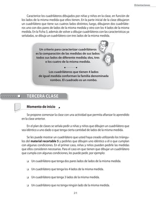 orientaciones



     �aracterice los cuadriláteros dibujados por niñas y niños en la clase�� en función de
los lados de la misma medida que ellos tienen. En la parte inicial de la clase dibujaron
un cuadrilátero que tiene sus cuatros lados distintos; luego�� dibujaron dos cuadriláte�
ros uno con dos pares de lados de la misma medida y otro con los 4 lados de la misma
medida. En la Ficha 3�� además de volver a dibujar cuadriláteros con las características ya
señaladas�� se dibuja un cuadrilátero con tres lados de la misma medida.



              Un criterio para caracterizar cuadriláteros
           es la comparación de las medidas de sus lados:
           todos sus lados de diferente medida; dos, tres
                   o los cuatro de la misma medida.


                     Los cuadriláteros que tienen 4 lados
              de igual medida conforman la familia denominada
                      rombos. El cuadrado es un rombo.




    tercerA clAse

    Momento de inicio

    Se propone comenzar la clase con una actividad que permita afianzar lo aprendido
en la clase anterior.

    En el plan de clases se señala pedir a niñas y niños que dibujen un cuadrilátero que
sea idéntico a uno dado o que tenga cierta cantidad de lados de la misma medida.

    Se les puede mostrar un cuadrilátero que usted haya creado utilizando los triángu�
los del material recortable 5 y pedirles que dibujen uno idéntico a él o que cumplan
con algunas condiciones. En el primer caso�� niñas y niños pueden pedirle las medidas
que ellos consideren necesarias. Para el caso en que tienen que dibujar un cuadrilátero
que cumpla con algunas condiciones�� les puede pedir�� por ejemplo:

    o   Un cuadrilátero que tenga dos pares lados de lados de la misma medida.

    o   Un cuadrilátero que tenga los 4 lados de la misma medida.

    o   Un cuadrilátero que tenga 3 lados de la misma medida.

    o   Un cuadrilátero que no tenga ning�n lado de la misma medida.

                                           21
 