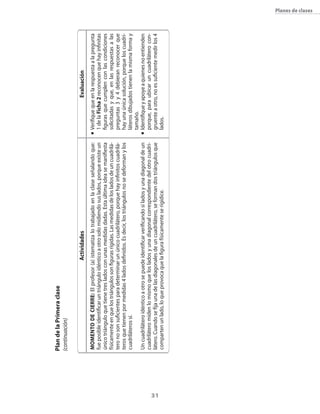 Plan de la Primera clase
     (continuación)

                                             Actividades                                                                  Evaluación
     MoMENto DE CIERRE: El profesor (a) istematiza lo trabajado en la clase señalando que:             n   Verifique que en la respuesta a la pregunta
     fue posible identificar un triángulo idéntico a otro solo midiendo sus lados�� porque existe un       1 de la Ficha 2 reconocen que hay infinitas
     �nico triángulo que tiene tres lados con unas medidas dadas. Esta �ltima idea se manifiesta           figuras que cumplen con las condiciones
     físicamente en que los triángulos son figuras rígidas. Las medidas de los lados de un cuadrilá�       solicitadas y que�� en las respuestas a las
     tero no son suficientes para determinar un �nico cuadrilátero�� porque hay infinitos cuadrilá�        preguntas 3 y 4 debieran reconocer que
     teros que tienen por medidas 4 lados definidos. Es decir�� los triángulos no se deforman y los        hay una �nica solución�� porque los cuadri�
     cuadriláteros sí.                                                                                     láteros dibujados tienen la misma forma y
                                                                                                           tamaño.
     Un cuadrilátero idéntico a otro se puede identificar verificando si lados y una diagonal de un    n   Identifique y apoye a quienes no entienden
     cuadrilátero miden lo mismo que los lados y una diagonal correspondiente del otro cuadri�             porque�� para ubicar un cuadrilátero con�
     látero. �uando se fija una de las diagonales de un cuadrilátero�� se forman dos triángulos que        gruente a otro�� no es suficiente medir los 4




31
     comparten un lado�� lo que provoca que la figura físicamente se rigidice.                             lados.
                                                                                                                                                           planes de clases
 