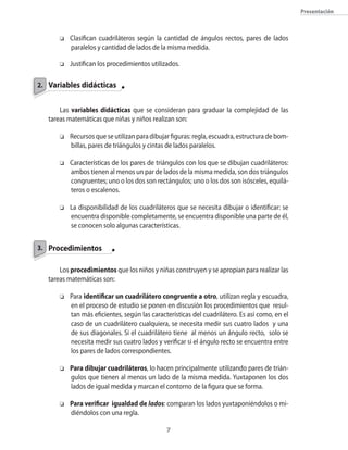 presentación



       o   �lasifican cuadriláteros seg�n la cantidad de ángulos rectos�� pares de lados
           paralelos y cantidad de lados de la misma medida.

       o   Justifican los procedimientos utilizados.

2. Variables didácticas


       Las variables didácticas que se consideran para graduar la complejidad de las
   tareas matemáticas que niñas y niños realizan son:

       o   Recursos que se utilizan para dibujar figuras: regla�� escuadra�� estructura de bom�
           billas�� pares de triángulos y cintas de lados paralelos.

       o   �aracterísticas de los pares de triángulos con los que se dibujan cuadriláteros:
           ambos tienen al menos un par de lados de la misma medida�� son dos triángulos
           congruentes; uno o los dos son rectángulos; uno o los dos son isósceles�� equilá�
           teros o escalenos.

       o   La disponibilidad de los cuadriláteros que se necesita dibujar o identificar: se
           encuentra disponible completamente�� se encuentra disponible una parte de él��
           se conocen solo algunas características.


3. Procedimientos

       Los procedimientos que los niños y niñas construyen y se apropian para realizar las
   tareas matemáticas son:

       o   Para identificar un cuadrilátero congruente a otro�� utilizan regla y escuadra��
           en el proceso de estudio se ponen en discusión los procedimientos que resul�
           tan más eficientes�� seg�n las características del cuadrilátero. Es así como�� en el
           caso de un cuadrilátero cualquiera�� se necesita medir sus cuatro lados y una
           de sus diagonales. Si el cuadrilátero tiene al menos un ángulo recto�� solo se
           necesita medir sus cuatro lados y verificar si el ángulo recto se encuentra entre
           los pares de lados correspondientes.

       o   Para dibujar cuadriláteros�� lo hacen principalmente utilizando pares de trián�
           gulos que tienen al menos un lado de la misma medida. Yuxtaponen los dos
           lados de igual medida y marcan el contorno de la figura que se forma.

       o   Para verificar igualdad de lados: comparan los lados yuxtaponiéndolos o mi�
           diéndolos con una regla.

                                                
 