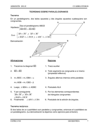 ADMISIÓN 2011-II CUADRILÁTEROS
CEPRE-UNI GEOMETRÍA 7
TEOREMAS SOBRE PARALELOGRAMOS 
Teorema 
En  un  paralelogramo,  dos  lados  opuestos  y  dos  ángulos  opuestos  cualesquiera  son 
congruentes.
Sea el paralelogramo ABCD 
Hipótesis 
AB//DC AD//BC
ìï
í
Ùïî
þ
ý
ü
î
í
ì
Ð@ÐÐ@Ð
@@ 
CBA ADC y DCB BAD 
BC AD y DC AB 
Tesis 
Demostración: 
Afirmaciones  Razones 
1.  Tracemos la diagonal BD  1.  Trazo auxiliar 
2.  BD BD@ 2.  Todo segmento es congruente a sí mismo 
(propiedad reflexiva) 
3.  m BDC m DBAÐ = Ð = a 3.  Ángulos alternos internos entre paralelas 
m ADB m CBDÐ = Ð = b
4.  Luego,  BDA  ADBCD @ D 4.  Postulado ALA 
5.  Y por consiguiente  5.  Por los elementos correspondientes 
BC AD y DC AB @@ de triángulos congruentes 
DCB BAD Ð@Ð
6.  Finalmente:  CBA ADC Ð@Ð 6.  Postulado de la adición de ángulos. 
Teorema recíproco 
Si dos lados de un cuadrilátero son paralelos y congruentes, entonces el cuadrilátero es 
un paralelogramo. (La demostración la dejamos como ejercicio para el lector). 
D  C 
A  B 
D  C 
A  B
b
b
a
a
 