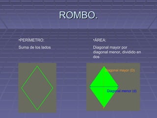 ROMBO.ROMBO.
•PERÍMETRO:
Suma de los lados
•ÁREA:
Diagonal mayor por
diagonal menor, dividido en
dos
 
