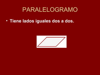 PARALELOGRAMO Tiene lados iguales dos a dos. 