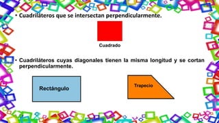 • Cuadriláteros que se intersectan perpendicularmente.
Cuadrado
• Cuadriláteros cuyas diagonales tienen la misma longitud y se cortan
perpendicularmente.
Rectángulo
Trapecio
 