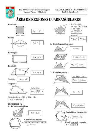 I.E: 88046 “José Carlos Mariátegui”                     CUADRILÁTEROS – CUARTO AÑO
                                    Cambio Puente - Chimbote                               Prof. E. Escudero S.




Cuadrado                                                                                                                       C       Si: AM = MB;
                                                                                                       N
                                                                                                                                       BN =NC; CL = LD
                                                                                  B                                        L           y AP = PD
              L
                                                                                                                                        
                                                                    2
                                                       A       = L                 M                                                           MNLP:
                                                                                       A               P               D               paralelogramo
                                  L                                                                                                    Además:
Rombo                                                                                                                                  A MNLP = 1 A ABCD
                                                                                                                                                     2
                                                                   ab
      a                                                A       =
                                                                    2       2. En todo paralelogramo:
                                                                                                               A1
                                  b                                                               A2
                                                                                                                                            A1 = A2

Rectángulo
                                                                                                       B
                                                                                              A
                                                       A       =ab                                              C                           A=B=C=D
          a                                                                                            D


                              b                                                           B                P                   C
                                                                                                                                                     1
                                                                                                                                       A         =       A
Romboide                                                                                                                                   APD       2           ABCD

                                                                              A                                     D
                                  H
              h                                a       A       =bh          3. En todo trapecio:
                                                                                          B                        C
                      b
                                                                                                                                            Si: AM = MB
También:                          A       =aH                                      M
                                                                                                                                            AMCD =       1
                                                                                                                                                             A ABCD
                                                                                                                                                         2
Trapecio                                                                       A                                                   D
                  b
          B                   C
                                                                                          B                         C
                                                   Del gráfico:
     M                                N
                                                               ab                                               A
                          h                        A       =   
                                                                2 
                                                                       h                     A
 A                                         D                                                                                              A1 = A2
                      a
                                                                                  A                                                D
También si AM = MB y CN = ND:
  A   = (MN) h                                                                            B                         C
                                                                                                       S1
                                                                                              A                    A
PROPIEDADES:
1. En todo cuadrilátero                                                                                S2
                                                                                                                                            A2 = (S1) (S2)
                                                                                  A                                                D
                                                                                                           b
                      B           C
                                                   A.C = B.D                                                               Cuadrilátero circunscrito
              A
                      D                                                               a                        r               c
              b
                                                                                                                                        (                    )
                                          Cuadrilátero inscrito:
                                  c A=√                                                                d                   Cuad. Insc. y circunscrito
  a
                                                                                                                                √
                  d
 