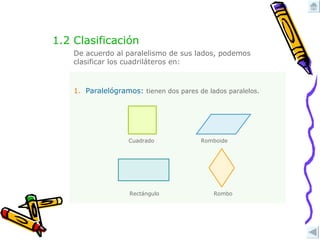 1.2 Clasificación De acuerdo al paralelismo de sus lados, podemos clasificar los cuadriláteros en: 1. Paralelógramos:   tienen dos pares de lados paralelos. Cuadrado Rectángulo Rombo Romboide 