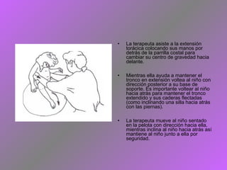 • La terapeuta asiste a la extensión
torácica colocando sus manos por
detrás de la parrilla costal para
cambiar su centro de gravedad hacia
delante.
• Mientras ella ayuda a mantener el
tronco en extensión voltea al niño con
dirección posterior a su base de
soporte. Es importante voltear al niño
hacia atrás para mantener el tronco
extendido y sus caderas flectadas
(como inclinando una silla hacia atrás
con las piernas).
• La terapeuta mueve al niño sentado
en la pelota con dirección hacia ella,
mientras inclina al niño hacia atrás así
mantiene al niño junto a ella por
seguridad.
 