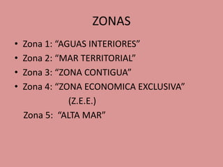ZONAS
• Zona 1: “AGUAS INTERIORES”
• Zona 2: “MAR TERRITORIAL”
• Zona 3: “ZONA CONTIGUA”
• Zona 4: “ZONA ECONOMICA EXCLUSIVA”
(Z.E.E.)
Zona 5: “ALTA MAR”
 