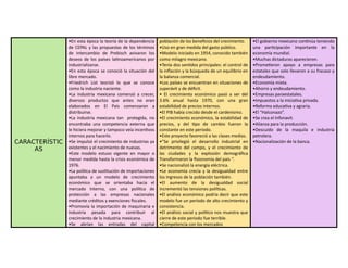 CARACTERÍSTIC
AS
•En esta época la teoría de la dependencia
de CEPAL y las propuestas de los términos
de intercambio de Prebisch avivaron los
deseos de los países latinoamericanos por
industrializarse.
•En esta época se conoció la situación del
libre mercado.
•Friedrich List teorizó lo que se conoce
como la industria naciente.
•La industria mexicana comenzó a crecer,
diversos productos que antes no eran
elaborados en El País comenzaron a
distribuirse.
•La industria mexicana tan protegida, no
encontraba una competencia externa que
le hiciera mejorar y tampoco veía incentivos
internos para hacerlo.
•Se impulsó el crecimiento de industrias ya
existentes y el nacimiento de nuevas.
•Este modelo estuvo vigente en mayor o
menor medida hasta la crisis económica de
1976.
•La política de sustitución de importaciones
apuntaba a un modelo de crecimiento
económico que se orientaba hacia el
mercado Interno, con una política de
protección a las empresas nacionales
mediante créditos y exenciones fiscales.
•Promovía la importación de maquinaria e
industria pesada para contribuir al
crecimiento de la industria mexicana.
•Se abrían las entradas del capital
población de los beneficios del crecimiento.
•Uso en gran medida del gasto público.
•Modelo iniciado en 1954, conocido también
como milagro mexicano.
•Tenía dos sentidos principales: el control de
la inflación y la búsqueda de un equilibrio en
la balanza comercial.
•Los países se encuentran en situaciones de
superávit y de déficit.
• El crecimiento económico pasó a ser del
3.6% anual hasta 1970, con una gran
estabilidad de precios internos.
•El PIB había crecido desde el cardenismo.
•El crecimiento económico, la estabilidad de
precios, y del tipo de cambio fueron la
constante en este periodo.
•Este proyecto favoreció a las clases medias.
•”Se privilegió el desarrollo industrial en
detrimento del campo, y el crecimiento de
las ciudades y la explosión demográfica
Transformaron la fisionomía del país “.
•Se nacionalizó la energía eléctrica.
•Le economía crecía y la desigualdad entre
los ingresos de la población también.
•El aumento de la desigualdad social
incrementó las tensiones políticas.
•El análisis económico podría decir que este
modelo fue un período de alto crecimiento y
consistencia.
•El análisis social y político nos muestra que
cierre de este periodo fue terrible.
•Competencia con los mercados
•El gobierno mexicano continúa teniendo
una participación importante en la
economía mundial.
•Muchas dictaduras aparecieron.
•Prometieron apoyo a empresas para
estatales que solo llevaron a su fracaso y
endeudamiento.
•Economía mixta.
•Ahorro y endeudamiento.
•Empresas paraestatales.
•Impuestos a la iniciativa privada.
•Reforma educativa y agraria.
•El “Halconazo”.
•Se crea el Infonavit.
•Alianza para la producción.
•Descuido de la maquila e industria
petrolera.
•Nacionalización de la banca.
 