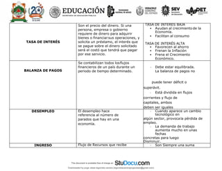 TASA DE INTERÉS
Son el precio del dinero. Si una
persona, empresa o gobierno
requiere de dinero para adquirir
bienes o financiarsus operaciones, y
solicita un préstamo, el interés que
se pague sobre el dinero solicitado
será el costó que tendrá que pagar
por ese servicio.
TASA DE INTERÉS BAJA
• Ayudan al crecimiento de la
Economía.
• Facilitan al consumo
TASA DE INTERÉS ALTA
• Favorecen al ahorro
• Frenan la Inflación
• Frena el Crecimiento
Económico.
BALANZA DE PAGOS
Se contabilizan todos losflujos
financieros de un país durante un
periodo de tiempo determinado.
• Debe estar equilibrada.
La balanza de pagos no
puede tener déficit o
superávit.
• Está dividida en flujos
corrientes y flujo de
capitales, ambos
deben ser iguales
DESEMPLEO El desempleo hace • Cuando aparece un cambio
tecnológico en
algún sector, provocala pérdida de
empleo.
• La demanda de trabajo
aumenta mucho en unas
fechas
concretas para luego
Disminuir.
referencia al número de
parados que hay en una
economía.
INGRESO Flujo de Recursos que recibe • Son Siempre una suma
Downloaded by jorge ulises legorreta carrera (legorretacarrerajorgeulises@gmail.com)
lOMoARcPSD|9989586
 
