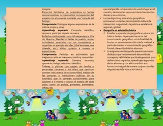 imagina.
Proyectos familiares, de costumbres en fechas
conmemorativas o importantes, comparación del
pasado con el presente mediante una “cápsula del
tiempo”
Competencia: Distingue algunas expresiones de la
cultura propia y otras.
Aprendizaje esperado: Comparte, identifica,
reconoce, participa, respeta, reconoce.
En fechas tradicionales como la Independencia, Día
de Muertos, Navidad o fiestas de pueblo, revisar
actividades parecidas con sus compañeros y
organizar un ejemplo de ellas. (Una kermesse, una
ofrenda, etc.) Visitas guiadas a museos o
exposiciones.
Competencia: Participa en actividades que
mejoran su vida en la escuela, familia y comunidad.
Aprendizaje esperado: Conversa, reconoce,
aprovecha, indaga, relaciona, identifica.
Talleres o pláticas con padres de familia o
personajes cercanos a los niños que permitan
conocer más acerca de su comunidad, trabajo de
las personas o instituciones públicas de su
localidad que le generen conocimiento para
cuidarse a sí mismo y valorar el trabajo de cada
actor, como un policía, panadero, barrendero,
artista, etc.
esencial para la comprensión de nuestro lugar en el
mundo y de cómo las personas interactúan con los
demás y sus entornos.
 La investigación y educación geográficas
promueven y amplían la compresión cultural, la
interacción, la igualdad y la justicia a escala local,
regional y global
 Geografía en educación básica
 Enseñar y aprender de geografía en educación
básica, destaca la perspectiva social del
conocimiento geográfico, con la finalidad de
formar un pensamiento crítico de la realidad, a
partir de vincular el conocimiento geográfico
formal y la realidad de los alumnos.
 La asignatura de Geografía presenta un marco
didáctico que fundamenta el desarrollo de
conceptos, habilidades y actitudes propios, para
definir cómo lograr los aprendizajes esperados
de los alumnos y con ello contribuir a su
formación integral de manera conjunta con las
asignaturas de la educación básica.
 