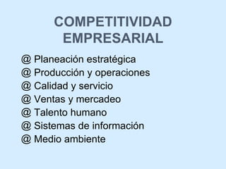 COMPETITIVIDAD EMPRESARIAL Planeación estratégica Producción y operaciones Calidad y servicio Ventas y mercadeo Talento humano Sistemas de información Medio ambiente 