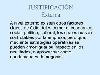 JUSTIFICACIÓN Externa A nivel externo existen otros factores claves de éxito, tales como: el económico, social, político, cultural, los cuales no son controlables por la empresa, pero que, mediante estrategias operativas se pueden amortiguar su impacto en los resultados, o aprovechar como oportunidades de negocios. 