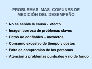 PROBLEMAS  MAS  COMUNES DE MEDICIÓN DEL DESEMPEÑO No se señala la causa -  efecto Imagen borrosa de problemas claves Datos no confiables – inexactos Consumo excesivo de tiempo y costos Falta de compromiso de las personas Atención a problemas puntuales y no de fondo 