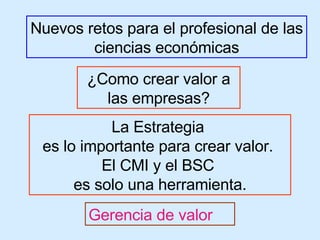 ¿Como crear valor a las empresas? La Estrategia  es lo importante para crear valor.  El CMI y el BSC  es solo una herramienta. Nuevos retos para el profesional de las ciencias económicas Gerencia de valor 