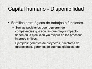 Capital humano - Disponibilidad Familias estratégicas de trabajos o funciones. Son las posiciones que requieren de competencias que son las que mayor impacto tienen en la ejecución y/o mejora de los procesos internos críticos. Ejemplos: gerentes de proyectos, directores de operaciones, gerentes de cuentas globales, etc. 