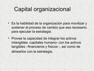 Capital organizacional Es la habilidad de la organización para movilizar y sostener el proceso de cambio que sea necesario para ejecutar la estrategia. Provee la capacidad de integrar los activos intangibles -capitales humano- con los activos tangibles –financieros y físicos -, así como de alinearlos con la estrategia . 