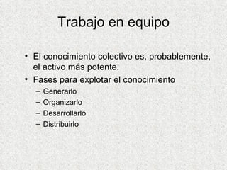 Trabajo en equipo El conocimiento colectivo es, probablemente, el activo más potente. Fases para explotar el conocimiento Generarlo Organizarlo Desarrollarlo Distribuirlo 