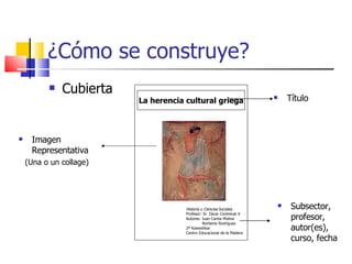 ¿Cómo se construye? Cubierta La herencia cultural griega Historia y Ciencias  Sociales Profesor: Sr. Oscar Contreras V Autores: Juan Carlos Molina Norberto Rodríguez 2º Kaweshkar Centro Educacional de la Madera Título Imagen Representativa (Una o un collage) Subsector, profesor, autor(es), curso, fecha 