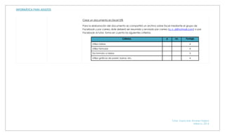 Tutor: Zayra Irais Alvarez Najera
México, 2014
Crear un documento en Excel15%
Para la elaboración del documento se compartirá un archivo sobre Excel mediante el grupo de
Facebook y por correo, éste deberá ser resumido y enviado por correo (a_n_zi@hotmail.com) o por
Facebook al tutor, toma en cuenta los siguientes criterios:
Criterios sí no Puntaje
Utiliza tablas 4
Utiliza formulas 4
Da formato a tablas 3
Utiliza gráficas de pastel, barras, etc. 4
 