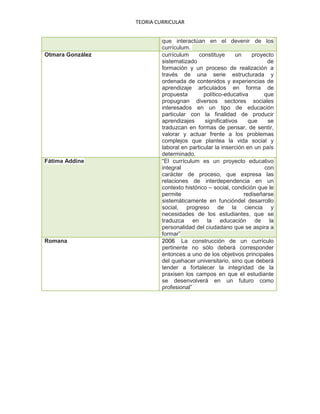 TEORIA CURRICULAR


                           que interactúan en el devenir de los
                           currículum.
Otmara González            currículum     constituye     un     proyecto
                           sistematizado                              de
                           formación y un proceso de realización a
                           través de una serie estructurada y
                           ordenada de contenidos y experiencias de
                           aprendizaje articulados en forma de
                           propuesta        político-educativa      que
                           propugnan diversos sectores sociales
                           interesados en un tipo de educación
                           particular con la finalidad de producir
                           aprendizajes     significativos     que    se
                           traduzcan en formas de pensar, de sentir,
                           valorar y actuar frente a los problemas
                           complejos que plantea la vida social y
                           laboral en particular la inserción en un país
                           determinado.
Fátima Addine              “El currículum es un proyecto educativo
                           integral                                  con
                           carácter de proceso, que expresa las
                           relaciones de interdependencia en un
                           contexto histórico – social, condición que le
                           permite                           rediseñarse
                           sistemáticamente en funcióndel desarrollo
                           social, progreso de la ciencia y
                           necesidades de los estudiantes, que se
                           traduzca en la educación de la
                           personalidad del ciudadano que se aspira a
                           formar”
Romana                     2006 La construcción de un currículo
                           pertinente no sólo deberá corresponder
                           entonces a uno de los objetivos principales
                           del quehacer universitario, sino que deberá
                           tender a fortalecer la integridad de la
                           praxisen los campos en que el estudiante
                           se desenvolverá en un futuro como
                           profesional”
 