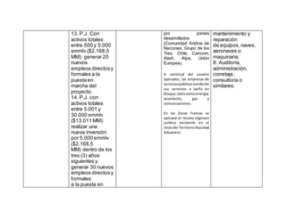 13. P.J. Con
activos totales
entre 500 y 5.000
smmlv ($2.168,5
MM): generar 20
nuevos
empleos directosy
formales a la
puesta en
marcha del
proyecto.
14. P.J. con
activos totales
entre 5.001 y
30.000 smmlv
($13.011 MM):
realizar una
nueva inversión
por 5.000 smmlv
($2.168,5
MM) dentro de los
tres (3) años
siguientes y
generar 30 nuevos
empleos directosy
formales
a la puesta en
por países
desarrollados
(Comunidad Andina de
Naciones, Grupo de los
Tres, Chile, Caricom,
Aladi, Atpa, Unión
Europea).
A solicitud del usuario
operador, las empresas de
serviciospúblicosvenderán
sus servicios a tarifa en
bloque,talescomoenergía,
acueducto, gas y
comunicaciones.
En las Zonas Francas se
aplicará el mismo régimen
jurídico existente en el
restodel TerritorioNacional
Aduanero.
mantenimiento y
reparación
de equipos,naves,
aeronaves o
maquinaria;
8. Auditoría,
administración,
corretaje,
consultoría o
similares.
 