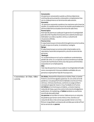 Consonante:
Un poemaes consonante cuandosuúltimasilabatiene
similitudde pronunciación,entonaciónosimplementerima
con la silabaprimerao al terminarde cada oración.
Asonante:
Un poemaesasonante cuandoenlas oracionessolorimanlas
vocales.Escuando existe rimaenlasvocalesacentuadasenla
últimasilabatónicasituadaal terminarde cada línea.
Poema épico:
Este tipode poemase usaba porlo general enlaantigüedad
para describirhazañasheroicasde seressobrehumanosque
dedicabansusvidasa ayudara otrosy a salvarlosde
situacionesdifíciles.
Poema Lirico:
Es aquel poemaque enmarcadistintosgéneroscomolasatica,
la oda,lo que esel canto, loromántico,laalegría.
Égloga:
Es aquel poemaque susversosestánrelacionadosconla
naturaleza,haciendocomparación yalusiónal amorde dos
personas.
Madrigal:
Es unpoemabreve enel cual se establecen sentimientosy
palabrade amor.Es un tipode escriturarománticaendonde
se pone de manifiestoel amorylosmás purossentimientos
expuestosenunsimplepoema.
Oda:
Este tipode poemaera muyusadoen laantigüedadutilizado
como unaexpresiónlirica que alababacualidadesde una
personao expresarleel tipode musaque era.
Características de Chiste, folleto
y poema.
Un chiste,chascarrilloofaceciaesun dicho,frase,o cuento
historiauocurrenciaaguda y graciosa.Es una corta serie de
palabraso una pequeñahistoriahabladaoescritaconfines
cómicos,irónicosoburlescos,contieneunjuegoverbal o
conceptual capazde movera risay fundadoenel humor.
Un folletoeslomismoque untríptico, untextoimpreso
reducidode hojas,que sirve comoinstrumentodivulgativoo
publicitario.Enmarketing,el folletotambiénesunaforma
sencillade darpublicidad.
Los poemas se escribenenverso.Cadaversoesun conjunto
de palabrasque tienenciertoritmoorima.Estrofa esel
conjuntode doso más versosque puedenteneronorima.
Rimaes laigualdado semejanzade sonidosque existe al final
de losversosde un poema.
 