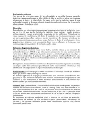 Las bacterias patógenas
Son una de las principales causas de las enfermedades y mortalidad humana, causando
infecciones tales como el tétanos, la fiebre tifoidea, la difteria, la sífilis, el cólera, intoxicaciones
alimentarias, la lepra y la tuberculosis. Hay casos en los que la etiología o causa de una
enfermedad conocida se descubre solamente después de muchos años, como fue el caso de la
úlcera péptica y Helicobacter pylori.
Rickettsias
Las rickettsias son microorganismos que comparten características tanto de las bacterias como
de los virus. Al igual que las bacterias, las rickettsias tienen enzimas y paredes celulares,
utilizan oxígeno y pueden ser controladas o destruidas por los antibióticos. Al igual que los
virus, pueden vivir y multiplicarse sólo dentro de las células. Las rickettsias normalmente viven
en ácaros, garrapatas, pulgas y piojos y pueden transmitirse a los humanos a través de las
picaduras de estos insectos que succionan sangre. Suelen vivir dentro de las células que revisten
pequeños vasos sanguíneos y, en consecuencia, dichos vasos se inflaman o se obstruyen, o bien
comienzan a perder sangre dentro de los tejidos que los rodea.
Infección y diagnóstico Rickettsias
Una infección por rickettsias puede causar fiebre, erupción cutánea y una sensación de
enfermedad (malestar). Debido a que esta erupción característica no suele aparecer durante
varios días, es difícil establecer un diagnóstico precoz. La infestación producida por pulgas o
piojos o bien una picadura de garrapata previa, particularmente si se ha producido en un área
geográfica en la que la rickettsiosis es frecuente (endémica), es un dato importante a la hora de
establecer el diagnóstico.
El diagnóstico puede confirmarse identificando el organismo en cultivos especiales de muestras
de sangre o tejido, atrás del microscopio, utilizando ciertas tinturas (tinturas colorantes), o bien
identificando anticuerpos contra el organismo en una muestra de sangre.
El tifus murino (tifus de la pulga de la rata, tifus urbano de Malasia) es causado por Rickettsia
typhi, que produce fiebre y una erupción cutánea.
La Rickettsia typhi vive en las pulgas que infestan a las ratas, los ratones y otros roedores. Las
pulgas de las ratas transmiten la rickettsia a los humanos. La enfermedad está presente en todo
el mundo y suele manifestarse en forma de brotes, particularmente en áreas urbanas muy
habitadas en las que es frecuente encontrar ratas.
Síntomas tifus Aparecen entre 6 y 18 días después de la infección. Por lo general, los primeros
síntomas son escalofríos con temblores, dolor de cabeza y fiebre. Esto dura alrededor de 12
días. Aproximadamente el 80 por ciento de los pacientes infectados desarrollan una erupción
cutánea leve, ligeramente sobreelevada y de color rosa al cabo de 4 o 5 días. Al principio, afecta
a sólo una pequeña parte del organismo y resulta difícil de ver. Al cabo de 4 a 8 días, desaparece
gradualmente.
La enfermedad se trata con antibióticos, como el resto de las afecciones por rickettsias.
Generalmente, los pacientes con tifus murino se recuperan completamente. Sin embargo, los
ancianos y las personas debilitadas pueden morir, especialmente aquellas cuyo sistema
inmunitario sea deficiente.
 