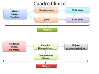 Cuadro Clínico
Masas.
Suaves.
Elásticas.
Fibroadenoma. 20-30 años.
30-40 años.Quiste.
Solitarias.
Duras.
Dolorosas.
Cambios
Fibroquísticos.
Mujeres
pre menopáusicas.
Tumoraciones
Difusas.
Benigno.
Maligno.
 