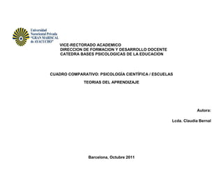 VICE-RECTORADO ACADEMICO
    DIRECCION DE FORMACION Y DESARROLLO DOCENTE
    CATEDRA BASES PSICOLOGICAS DE LA EDUCACION




CUADRO COMPARATIVO: PSICOLOGÍA CIENTÍFICA / ESCUELAS

              TEORIAS DEL APRENDIZAJE




                                                               Autora:

                                                   Lcda. Claudia Bernal




                Barcelona, Octubre 2011
 