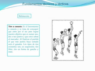 Fundamentos técnicos y tácticos


            Baloncesto



Tiro a canasta: Es el lanzamiento
a canasta y se trata de conseguir
que entre por el aro para lograr
nuestro objetivo que es sumar uno,
dos o tres puntos y que estos suban
al marcador. Al finalizar el partido
el que más puntos haya sumado
será el ganador. Los tipos de tiro
existentes son; en suspensión; tiro
libre; tiro en forma de gancho y
mate.
 