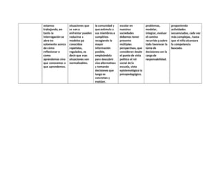 estamos            situaciones que    la comunidad y      escolar en          problemas,          proponiendo
trabajando, en     se van a           que estimula a      nuestras            modelar,            actividades
tanto la           enfrentar pueden   sus miembros a      sociedades          integrar, evaluar   secuenciadas, cada vez
interrogación se   reducirse a        cumplirlos          debemos tener       el camino           más complejas , hasta
abre no            modelos ya         recogiendo la       presente            recurrido y sobre   que el niño alcanzara
solamente acerca   conocidos          mayor               múltiples           todo favorecer la   la competencia
de cómo            repetidos,         información         perspectivas, que   toma de             buscada.
reflexionar o      regulados, es      posible,            consideran desde    decisiones con la
como               decir que esas     empleándola         el punto de vista   carga de
aprendemos sino    situaciones son    para descubrir      político el rol     responsabilidad.
que conocemos o    normalizables.     vías alternativas   social de la
que aprendemos.                       y tomando           escuela, vista
                                      decisiones que      epistemológico la
                                      luego se            psicopedagógico.
                                      concretan y
                                      evalúan.
 