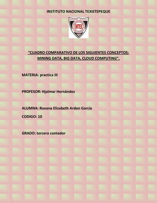 INSTITUTO NACIONAL TEXISTEPEQUE
“CUADRO COMPARATIVO DE LOS SIGUIENTES CONCEPTOS:
MINING DATA, BIG DATA, CLOUD COMPUTING”.
MATERIA: practica III
PROFESOR: Hjalmar Hernández
ALUMNA: Roxana Elizabeth Ardon García
CODIGO: 10
GRADO: tercero contador
 