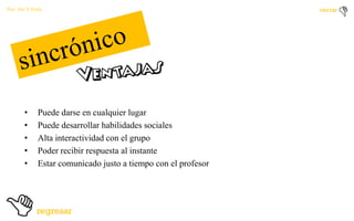 Por: Ale Y Forty

•
•
•
•
•

Puede darse en cualquier lugar
Puede desarrollar habilidades sociales
Alta interactividad con el grupo
Poder recibir respuesta al instante
Estar comunicado justo a tiempo con el profesor

 
