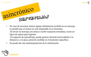 Por: Ale Y Forty

•

•

En caso de necesitar aclarar alguna información recibida en un mensaje,
es posible que el emisor no este disponible en el momento.
Al enviar un mensaje con miras a recibir respuesta inmediata, existe un
lapso de espera para lograrlo.
En espacios de aprendizaje, puede generar desmotivación debido a la
distancia y a la poca atención recibida en el momento específico.
Se puede dar una malinterpretación de la información

 
