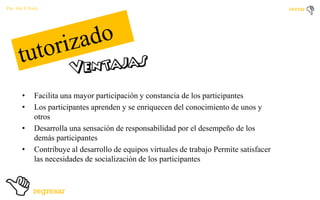 Por: Ale Y Forty

•
•
•
•

Facilita una mayor participación y constancia de los participantes
Los participantes aprenden y se enriquecen del conocimiento de unos y
otros
Desarrolla una sensación de responsabilidad por el desempeño de los
demás participantes
Contribuye al desarrollo de equipos virtuales de trabajo Permite satisfacer
las necesidades de socialización de los participantes

 