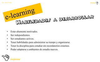 Por: Ale Y Forty

•
•
•
•
•
•

Estar altamente motivados.
Ser independientes.
Ser estudiantes activos.
Tener habilidades para administrar su tiempo y organizarse.
Tener la disciplina para estudiar sin recordatorios externos.
Poder adaptarse a ambientes de estudio nuevos.

 