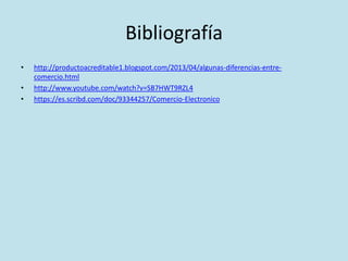 Bibliografía
• http://productoacreditable1.blogspot.com/2013/04/algunas-diferencias-entre-
comercio.html
• http://www.youtube.com/watch?v=SB7HWT9RZL4
• https://es.scribd.com/doc/93344257/Comercio-Electronico
 