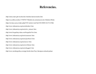 Referencias.
- http://cmm.cenart.gob.mx/doc/doc/timeline/autores/amoles.htm
- https://es.scribd.com/doc/175507017/Modelo-de-comunicacion-de-Abraham-Moles
- https://revistas.ucm.es/index.php/CIYC/article/viewFile/CIYC9899110157A/7406
- http://www.infoamerica.org/teoria/barthes1.htm
- http://www.infoamerica.org/teoria/levi_strauss1.htm
- http://www.biografiasyvidas.com/biografia/l/levi.htm
- http://www.infoamerica.org/teoria/saussure1.htm
- http://www.infoamerica.org/teoria/jacobson1.htm
- http://www.infoamerica.org/teoria/eco1.htm
- http://www.infoamerica.org/teoria/williams1.htm
- http://www.infoamerica.org/teoria/hoggart1.htm
- http://www.mcnbiografias.com/app-bio/do/show?key=thompson-edward-palmer
 