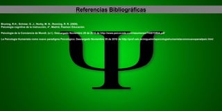 Referencias Bibliográficas
Bruning, R.H.; Schraw; G. J.; Norby, M. N.; Ronning, R. R. (2005).
Psicología cognitiva de la instrucción, 4°, Madrid, Pearson Educación.
Psicología de la Conciencia de Wundt. (s.f.). Descargado Noviembre 29 de 2016 de http://www.psicocode.com/resumenes/7HISTORIA.pdf
La Psicología Humanista como nuevo paradigma Psicológico. Descargado Noviembre 29 de 2016 de http://prof.usb.ve/miguelm/lapsicologiahumanistacomonuevoparadpsic.html
 