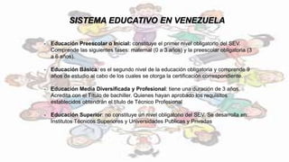 SISTEMA EDUCATIVO EN VENEZUELA
- Educación Preescolar o Inicial: constituye el primer nivel obligatorio del SEV.
Comprende las siguientes fases: maternal (0 a 3 años) y la preescolar obligatoria (3
a 6 años).
- Educación Básica: es el segundo nivel de la educación obligatoria y comprende 9
años de estudio al cabo de los cuales se otorga la certificación correspondiente.
- Educación Media Diversificada y Profesional: tiene una duración de 3 años.
Acredita con el Título de bachiller. Quienes hayan aprobado los requisitos
establecidos obtendrán el título de Técnico Profesional
- Educación Superior: no constituye un nivel obligatorio del SEV. Se desarrolla en:
Institutos Técnicos Superiores y Universidades Publicas y Privadas
 