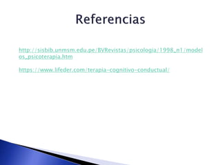 http://sisbib.unmsm.edu.pe/BVRevistas/psicologia/1998_n1/model
os_psicoterapia.htm
https://www.lifeder.com/terapia-cognitivo-conductual/
 