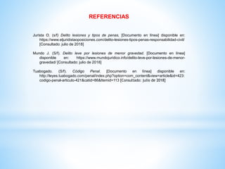 REFERENCIAS
Jurista O. (s/f) Delito lesiones y tipos de penas, [Documento en línea] disponible en:
https://www.eljuridistaoposiciones.com/delito-lesiones-tipos-penas-responsabilidad-civil/
[Consultado: julio de 2018]
Mundo J. (S/f). Delito leve por lesiones de menor gravedad. [Documento en línea]
disponible en: https://www.mundojuridico.info/delito-leve-por-lesiones-de-menor-
gravedad/ [Consultado: julio de 2018]
Tuabogado. (S/f). Código Penal. [Documento en línea] disponible en:
http://leyes.tuabogado.com/penal/index.php?option=com_content&view=article&id=423:
codigo-penal-articulo-421&catid=86&Itemid=113 [Consultado: julio de 2018]
 