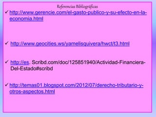 Referencias Bibliográficas
 http://www.gerencie.com/el-gasto-publico-y-su-efecto-en-la-
economia.html
 http://www.geocities.ws/yamelisquivera/hwct/t3.html
 http://es. Scribd.com/doc/125851940/Actividad-Financiera-
Del-Estado#scribd
 http://temas01.blogspot.com/2012/07/derecho-tributario-y-
otros-aspectos.html
 