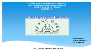 REPÚBLICA BOLIVARIANA DE VENEZUELA
UNIVERSIDAD BICENTENARIA DE ARAGUA
SEDE: VALLE DE LA PASCUA
SECCIÓN P1
PARTICIPANTE:
KEVIN SANCHEZ
C.I. 26.844.198
VALLE DE LA PASCUA, MARZO 2019
 