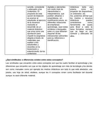 sencillo, consistente
y adecuado a los
contenidos. El
propósito de esta
opción de titulación
es acercar al
estudiante al ejercicio
de la docencia
mediante el
desarrollo de un
material didáctico
que sirva como una
aportación para
impartir la asignatura
elegida a través de
materiales que
auxilien a los
estudiantes y
docentes en la
transmisión y
entendimiento de los
contenidos
digitales o elementos
con cierto nivel de
interactividad e
independencia, que
podrían utilizarse o
ensamblarse, sin
modificación previa, en
diferentes situaciones
de enseñanza-
aprendizaje, sean éstas
similares o desiguales
entre sí y que deberían
disponer de las
indicaciones suficientes
para su referencia e
identificación.
didácticos tanto una
pizarra, como un
proyector de diapositivas,
un ordenador, etc.
Así, podemos afirmar que
los medios y recursos
didácticos pueden
considerarse como
herramienta de ayuda
para llevar a cabo la
tarea formativa, siempre
que se haga un uso
correcto y adecuado de
ellos.
.
¿Qué similitudes o diferencias existen entre estos conceptos?
Las similitudes que encuentro entre estos conceptos son que los cuatro facilitan el aprendizaje y las
diferencias que encuentro son que en los objetos de aprendizaje son más de tecnología y los demás
son como manuales como por ejemplo los medios didácticos son todo lo que está alrededor, una
piedra, una hoja de árbol, etcétera, aunque los 4 conceptos sirven como facilitador del docente
aunque no sean diferente material.
 